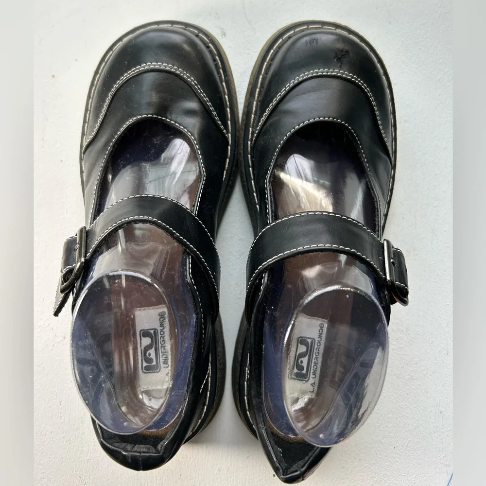 LA Underground Shoes Y2K Black Mary Jane Buckle Stitch Academia Size 8.5 - Picture 2 of 7